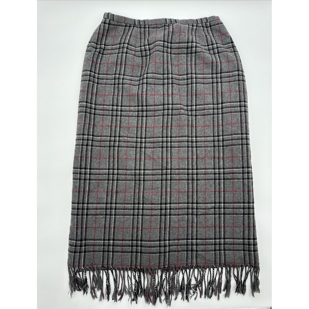 Grey Red Black Plaid Wool Fringe Skirt Sag Harbor Size 12P Academia Classiccore